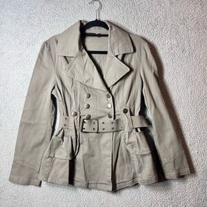 Last Kiss Jacket Womens Juniors Large Khaki Green Button‎ Up Belted Jacket NEW